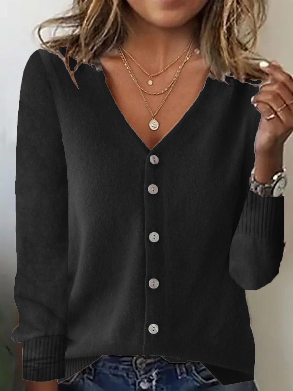 Women Yarn/Wool Yarn Plain Long Sleeve Comfy Casual Buckle Cardigan