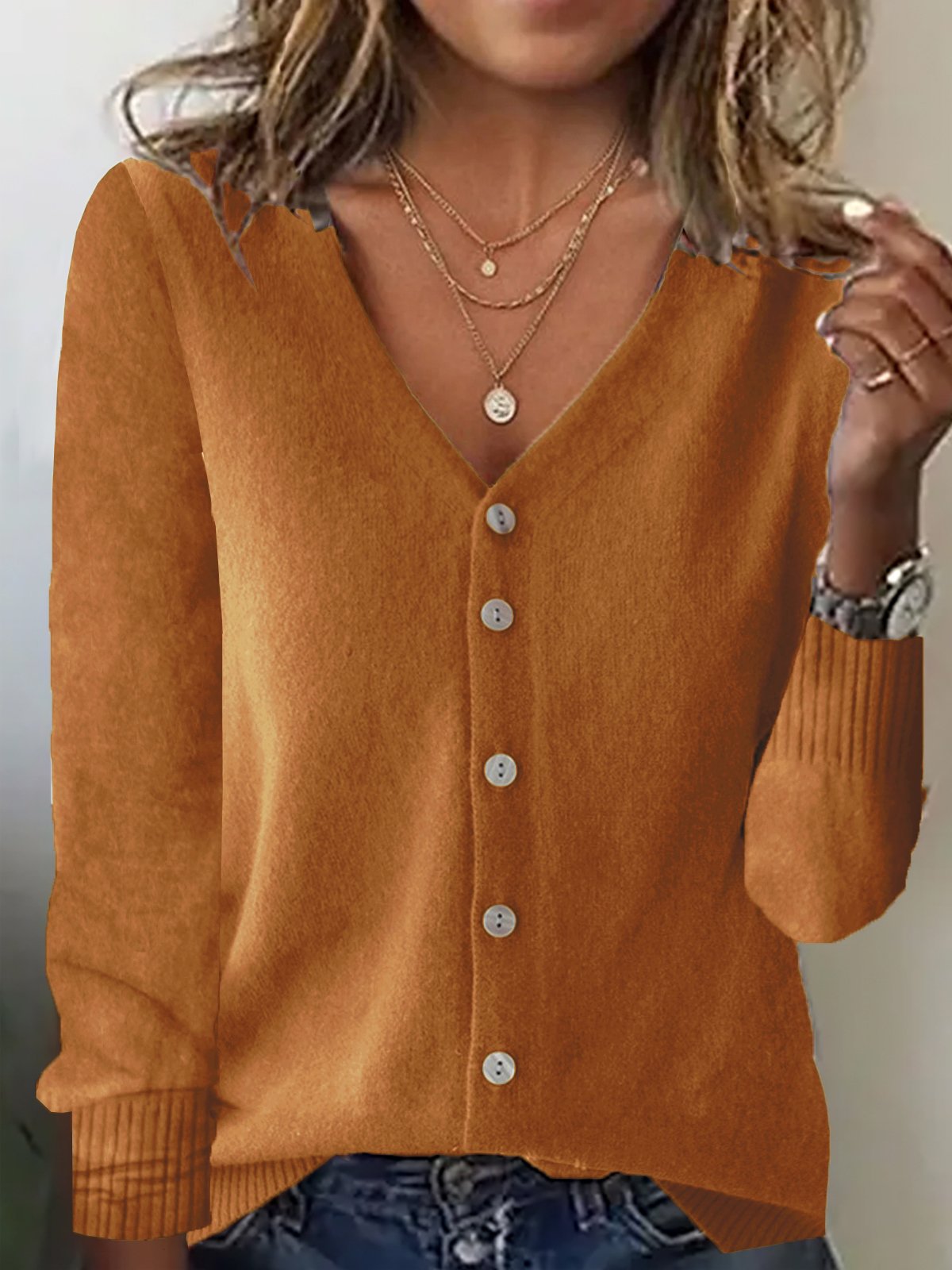 Women Yarn/Wool Yarn Plain Long Sleeve Comfy Casual Buckle Cardigan