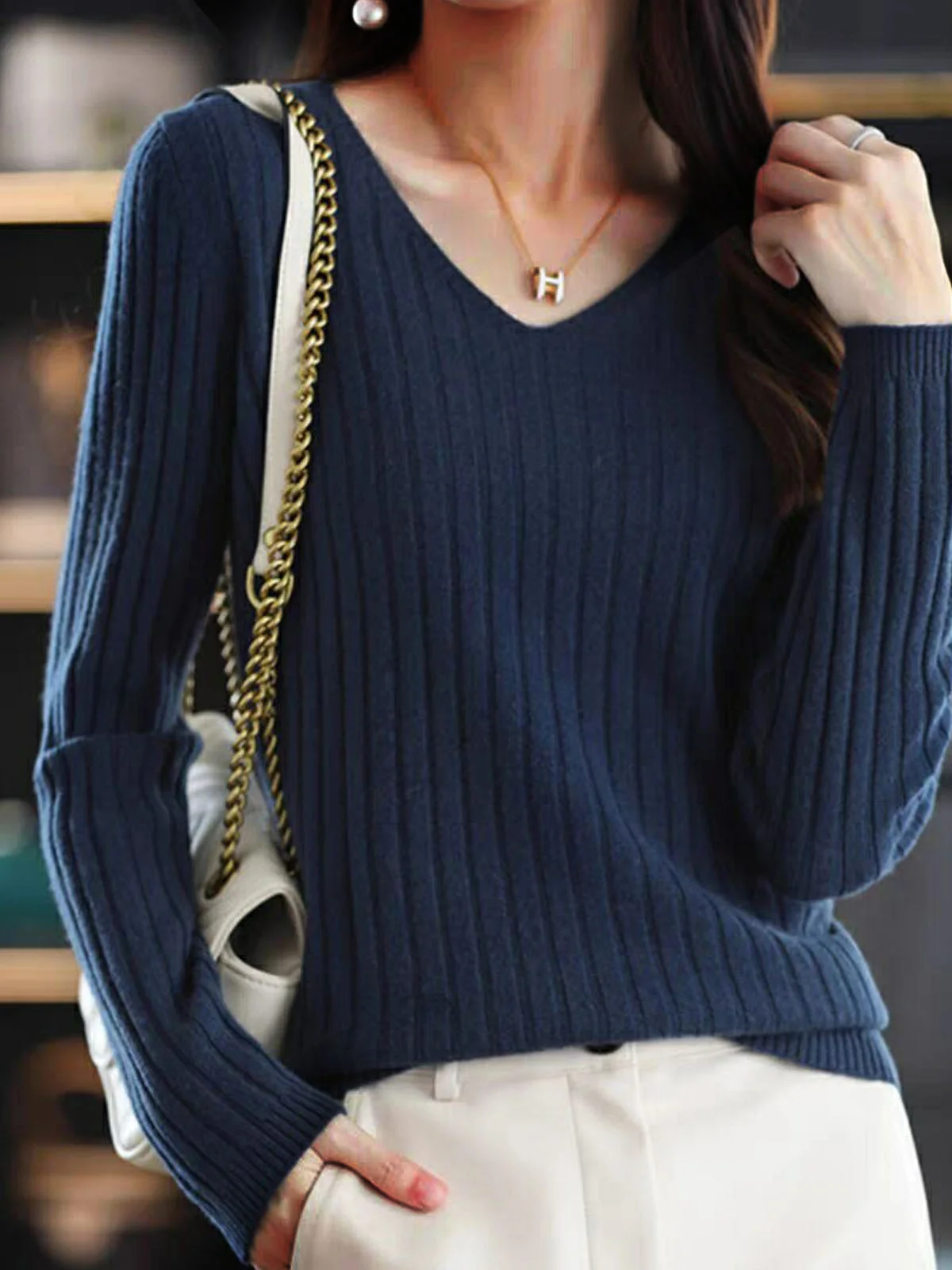 Women Yarn/Wool Yarn Plain Long Sleeve Comfy Casual Sweater