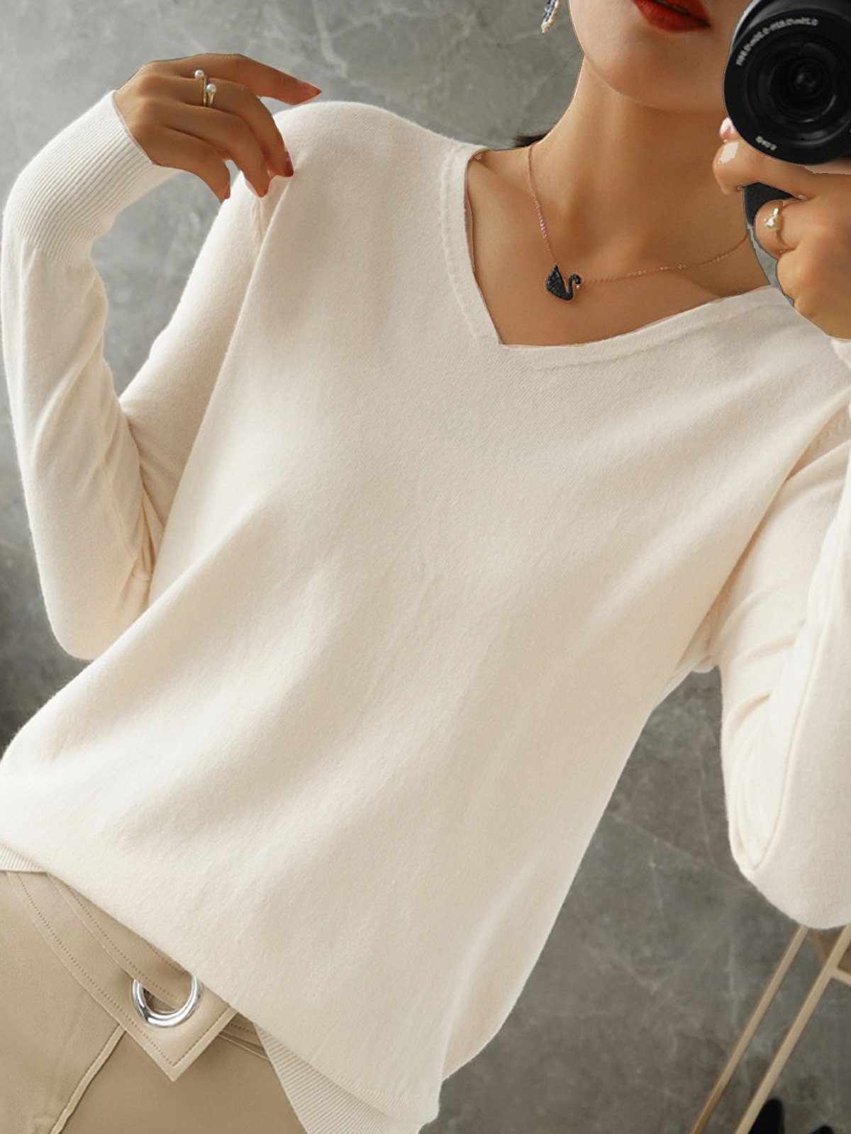 Women Yarn/Wool Yarn Plain Long Sleeve Comfy Casual Sweater