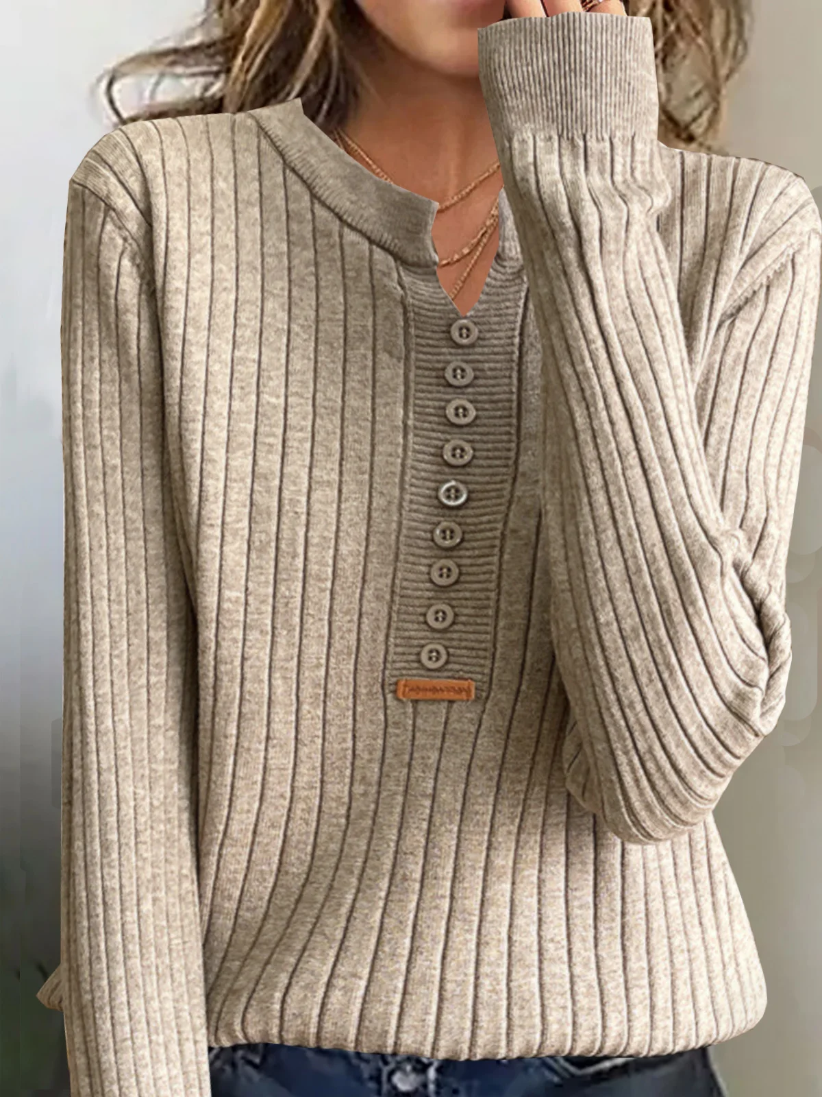 Women Yarn/Wool Yarn Plain Long Sleeve Comfy Casual Buckle Sweater