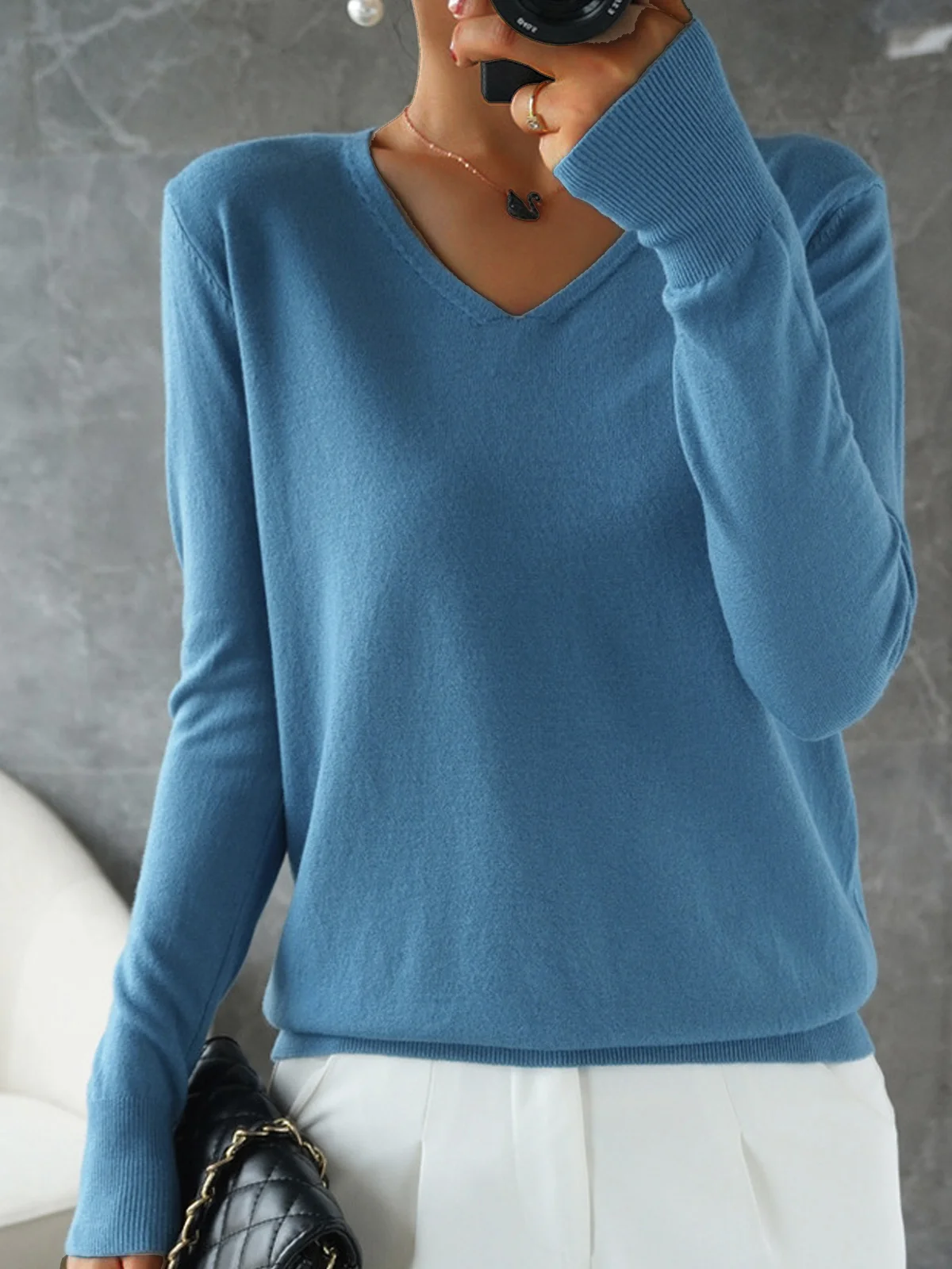 Women Yarn/Wool Yarn Plain Long Sleeve Comfy Casual Sweater