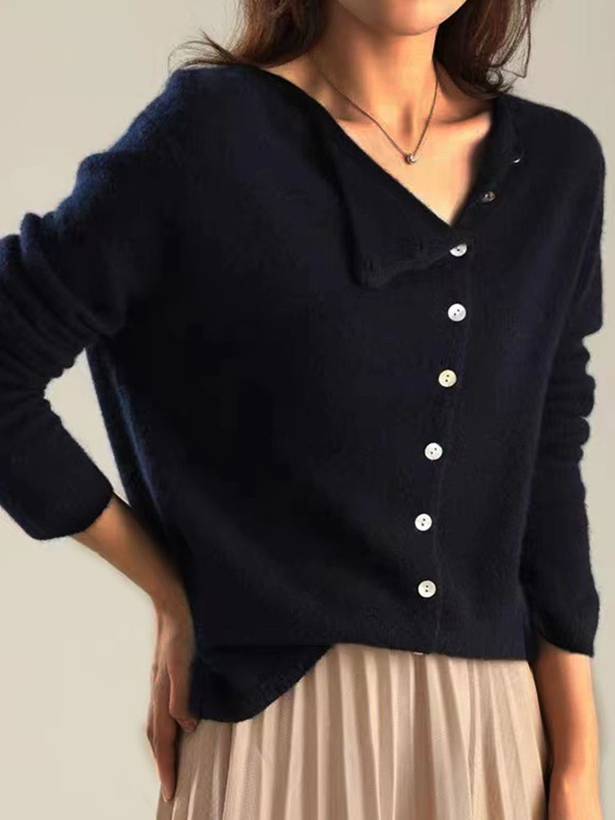 Women Yarn/Wool Yarn Plain Long Sleeve Comfy Casual Buckle Cardigan