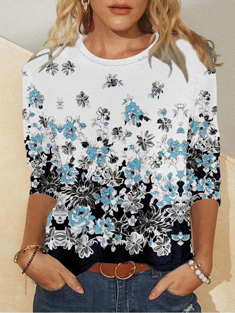 Casual Floral Crew Neck Long Sleeve T-shirt