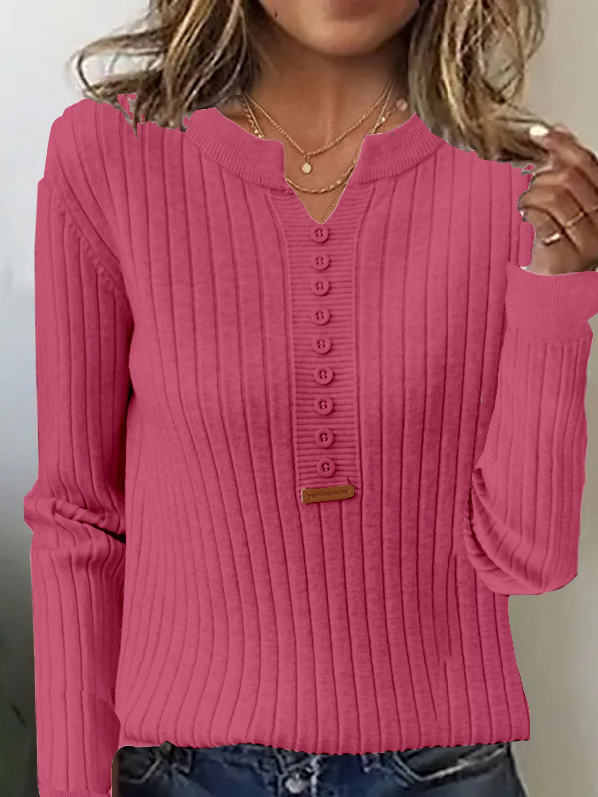 Women Yarn/Wool Yarn Plain Long Sleeve Comfy Casual Buckle Sweater