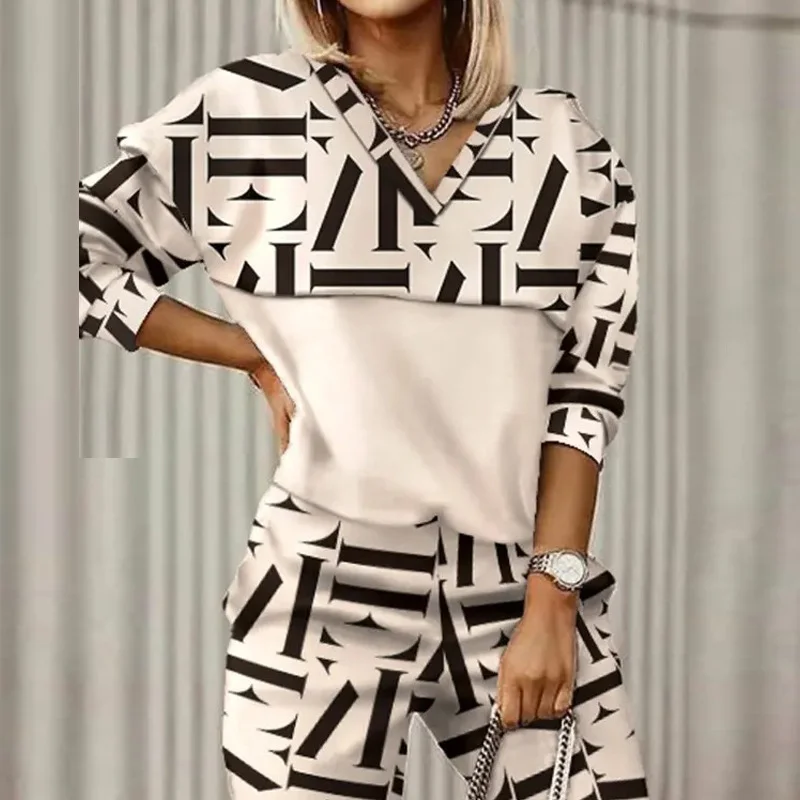 Women Geometric V Neck Long Sleeve Comfy Casual Top With Pants Two-Piece Set