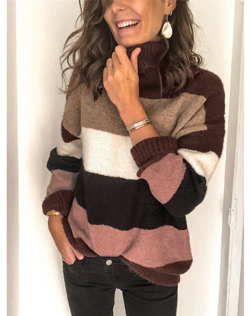 Women Yarn/Wool Yarn Striped Long Sleeve Comfy Casual Sweater