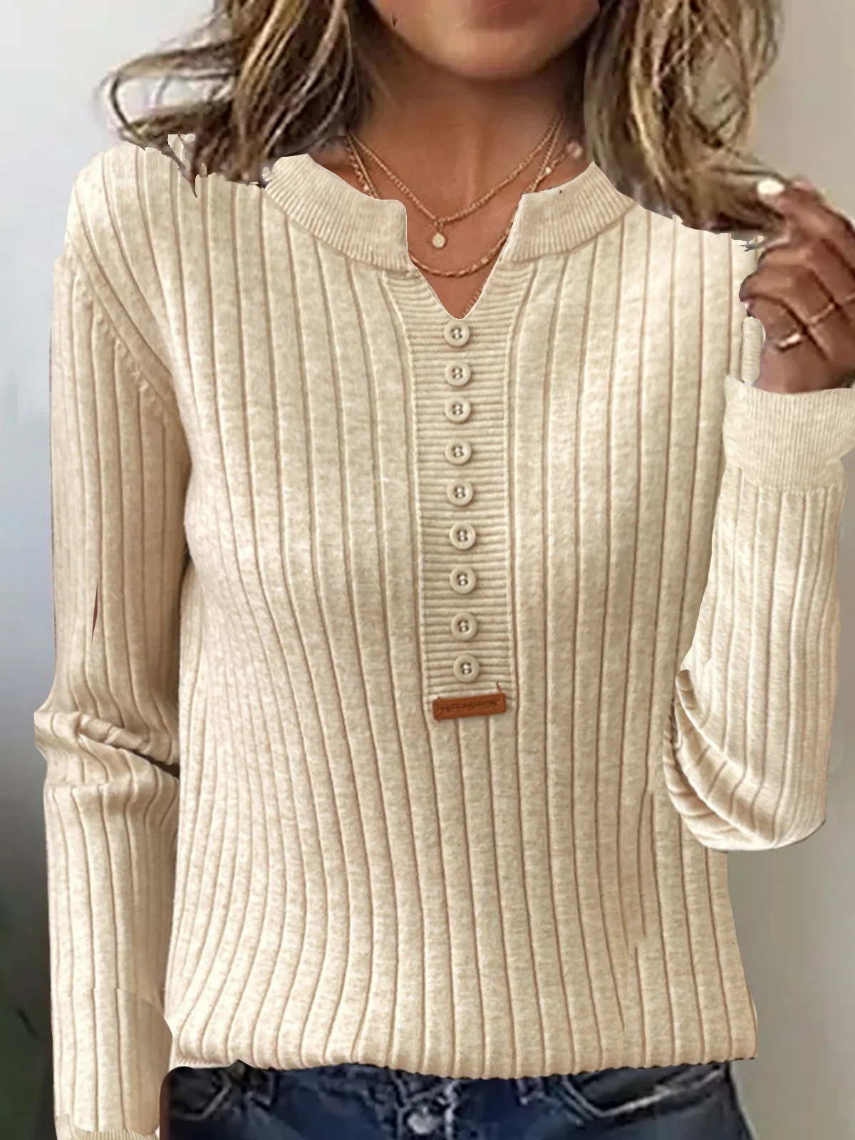 Women Yarn/Wool Yarn Plain Long Sleeve Comfy Casual Buckle Sweater