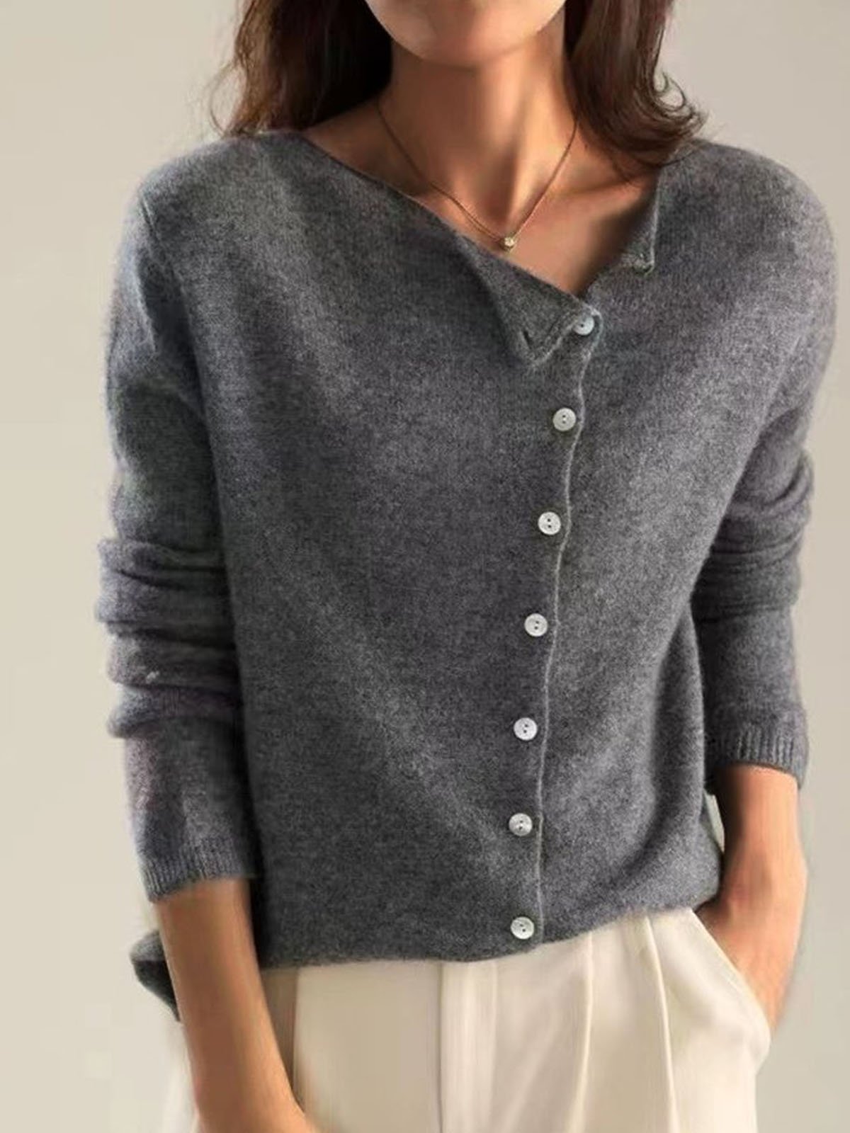 Women Yarn/Wool Yarn Plain Long Sleeve Comfy Casual Buckle Cardigan