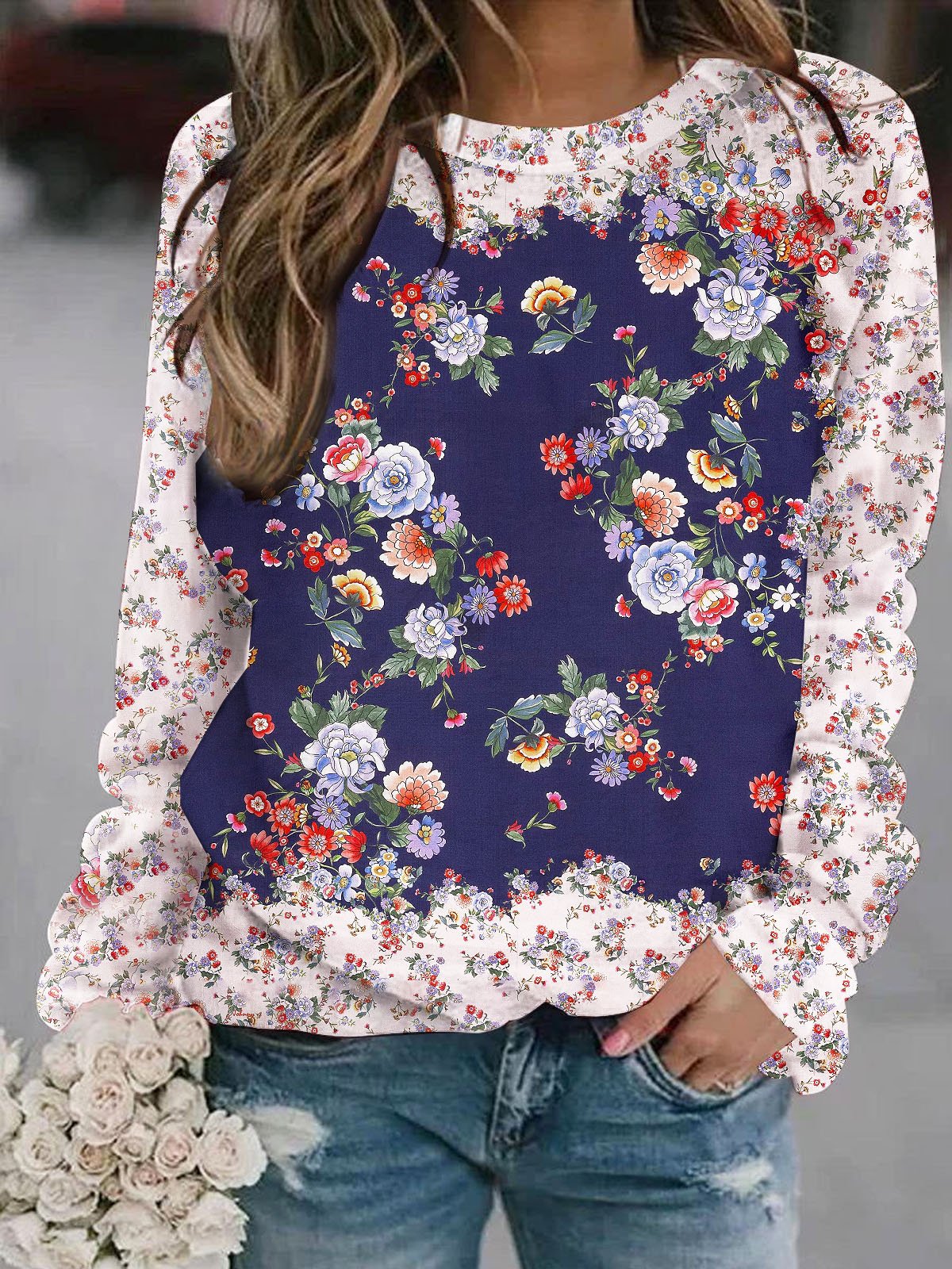 Casual Crew Neck Floral Sweatshirt