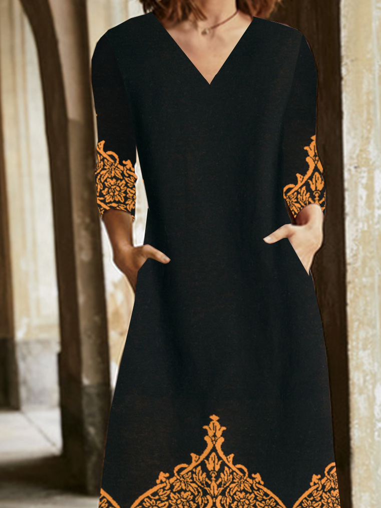 Women Ethnic V Neck Long Sleeve Comfy Vintage Pocket Stitching Maxi Dress