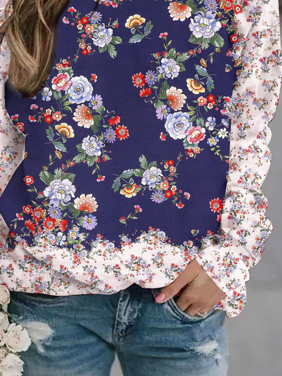 Casual Crew Neck Floral Sweatshirt