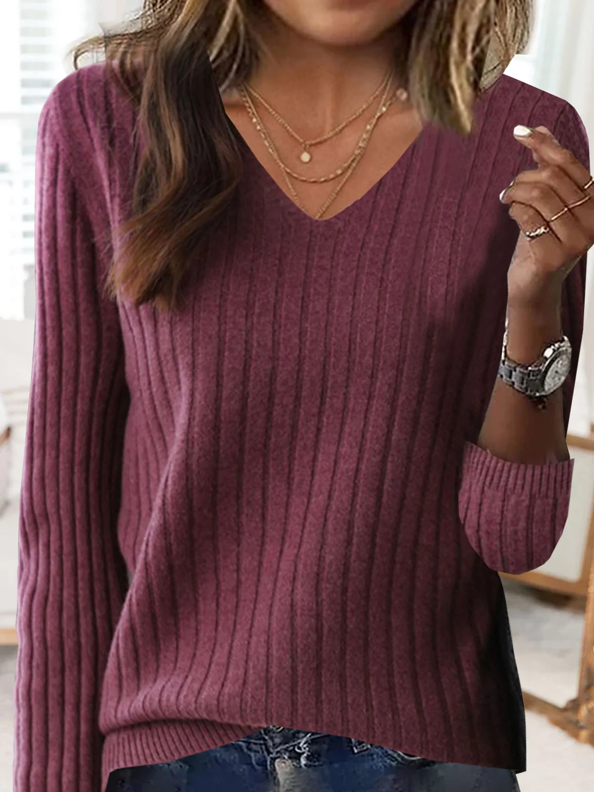 Women Yarn/Wool Yarn Plain Long Sleeve Comfy Casual Sweater