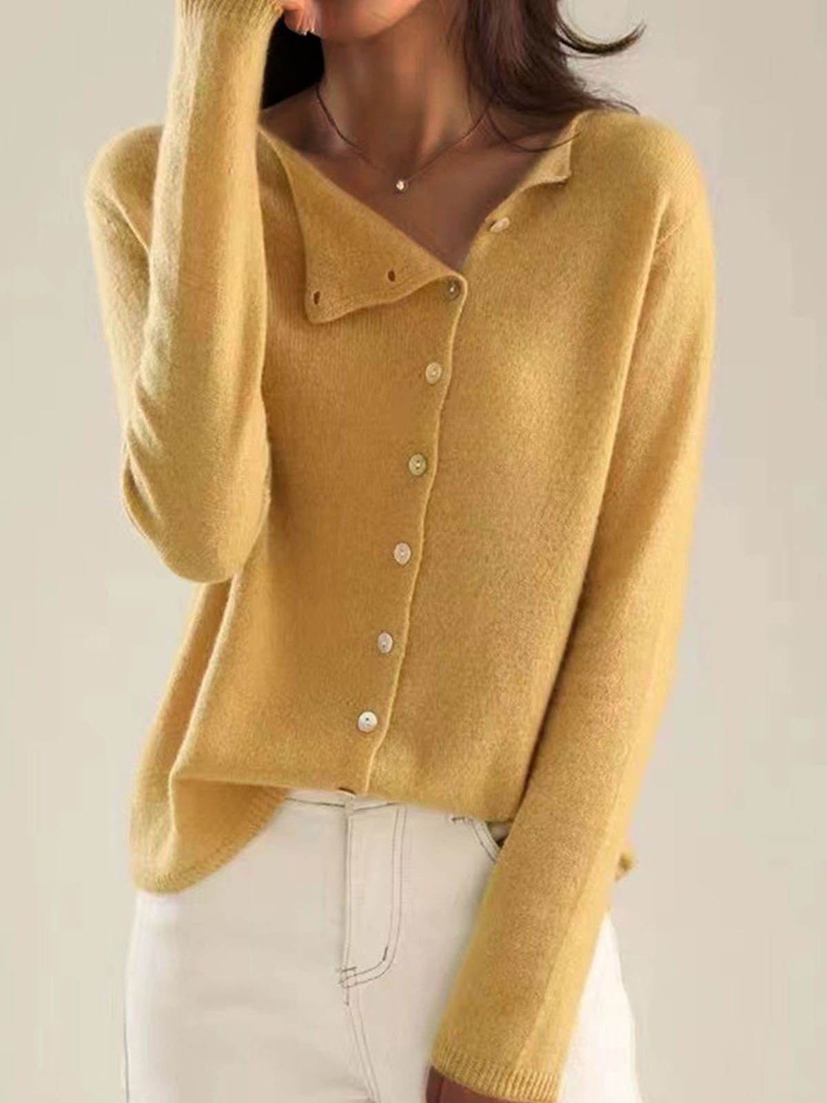 Women Yarn/Wool Yarn Plain Long Sleeve Comfy Casual Buckle Cardigan