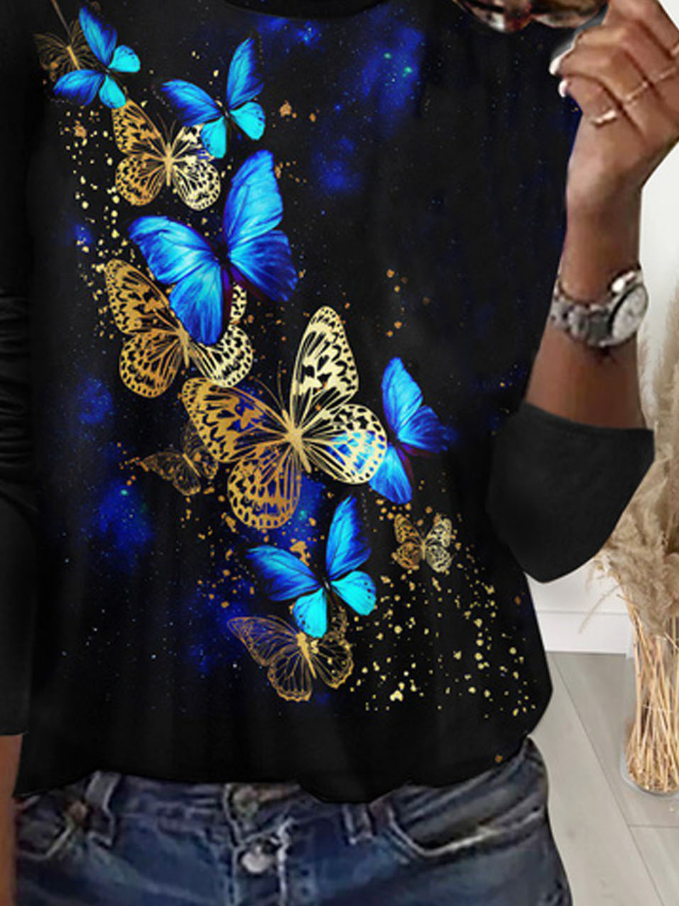 Casual Butterfly Crew Neck Long Sleeve T-shirt