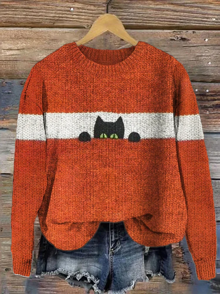 Women Knitted Cat Long Sleeve Comfy Casual Sweater