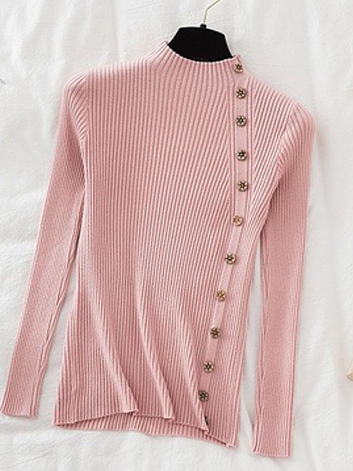 Women Yarn/Wool Yarn Plain Long Sleeve Comfy Casual Buckle Sweater