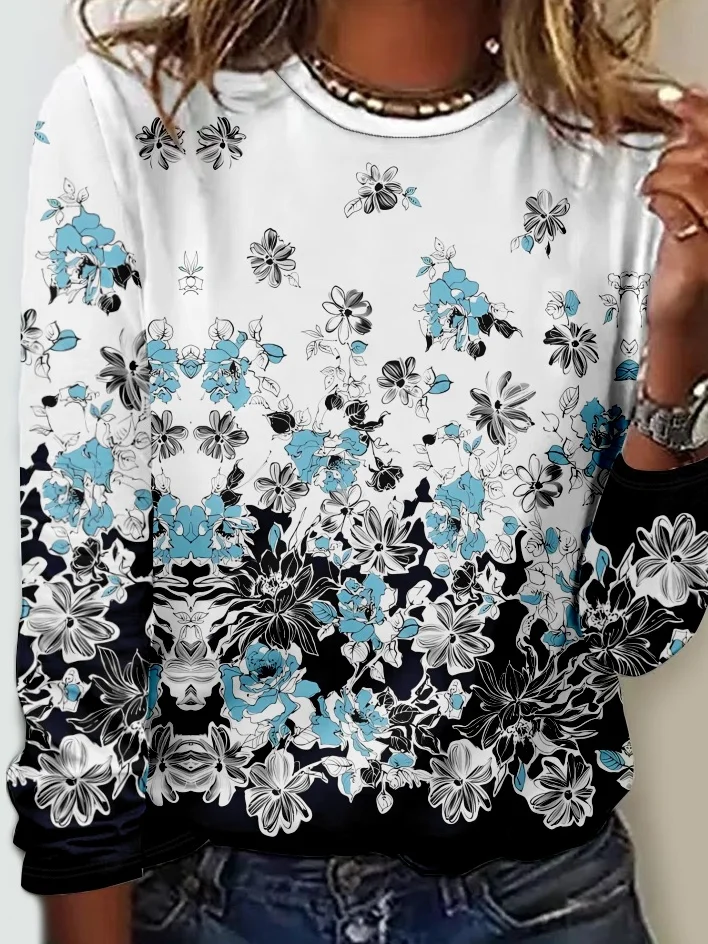 Casual Floral Crew Neck Long Sleeve T-shirt