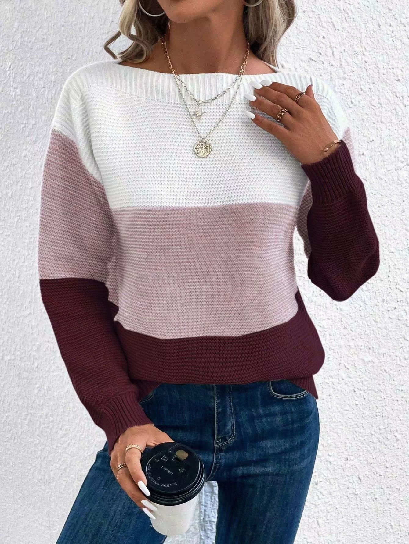 Women Yarn/Wool Yarn Color Block Long Sleeve Comfy Casual Sweater