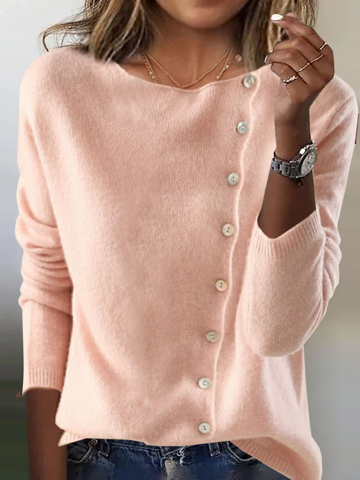 Women Yarn/Wool Yarn Plain Long Sleeve Comfy Casual Buckle Cardigan