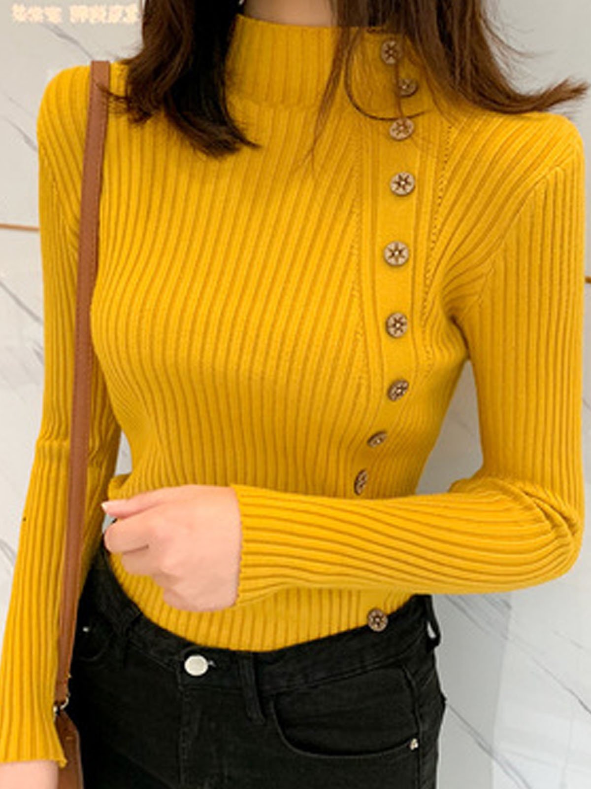 Women Yarn/Wool Yarn Plain Long Sleeve Comfy Casual Buckle Sweater