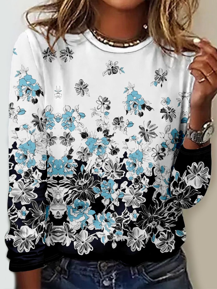 Casual Floral Crew Neck Long Sleeve T-shirt