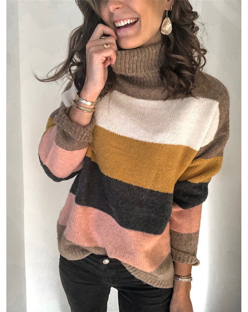 Women Yarn/Wool Yarn Striped Long Sleeve Comfy Casual Sweater