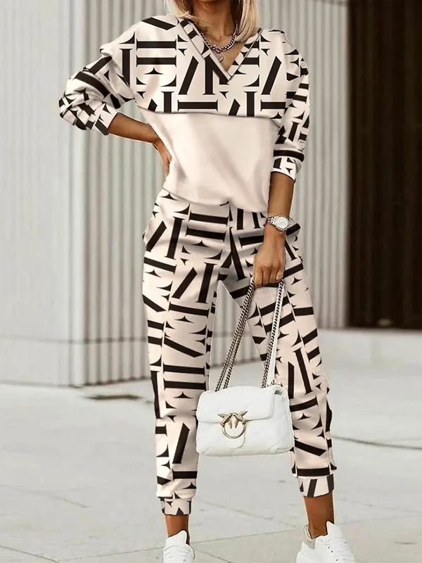 Women Geometric V Neck Long Sleeve Comfy Casual Top With Pants Two-Piece Set