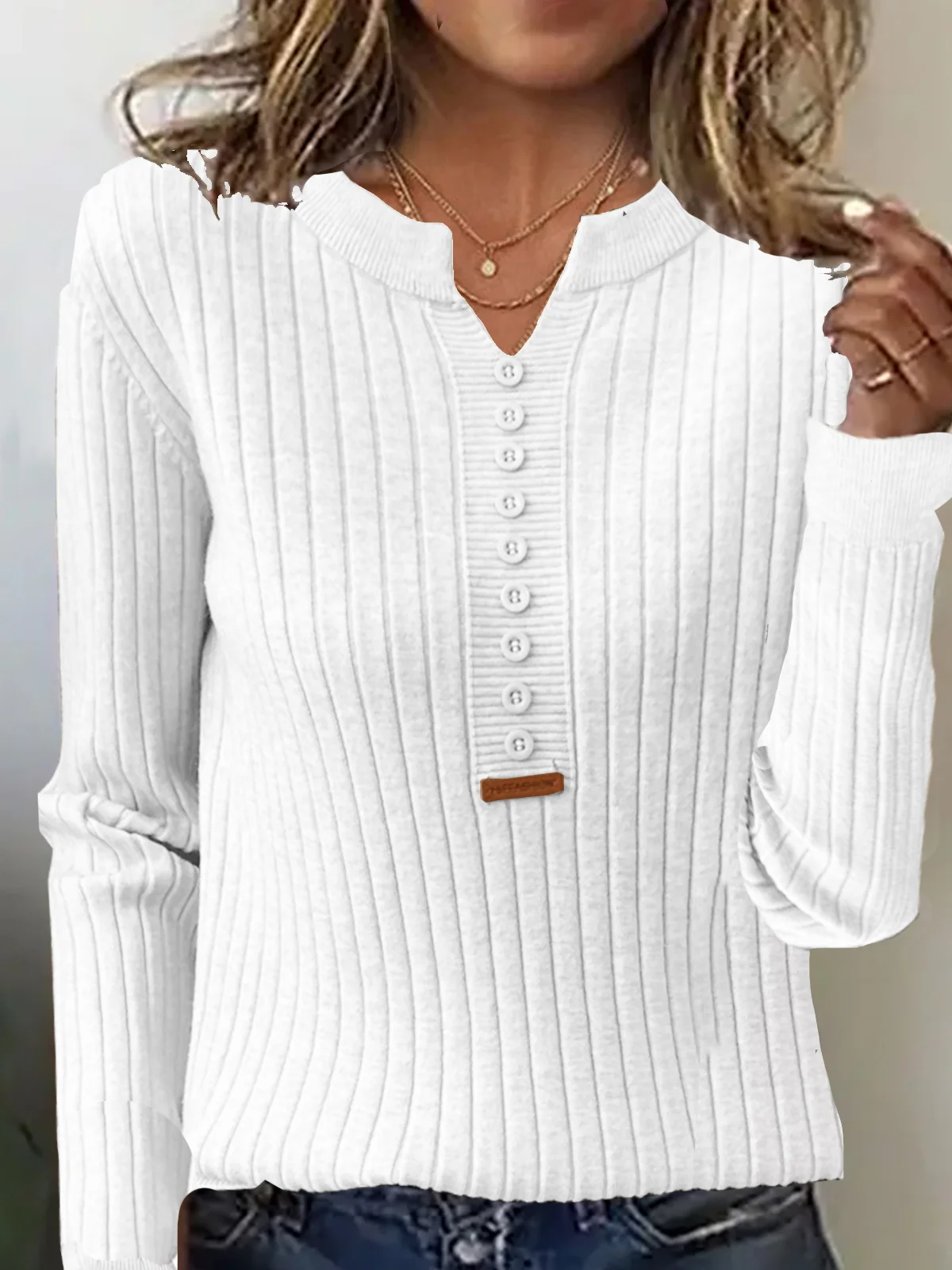 Women Yarn/Wool Yarn Plain Long Sleeve Comfy Casual Buckle Sweater