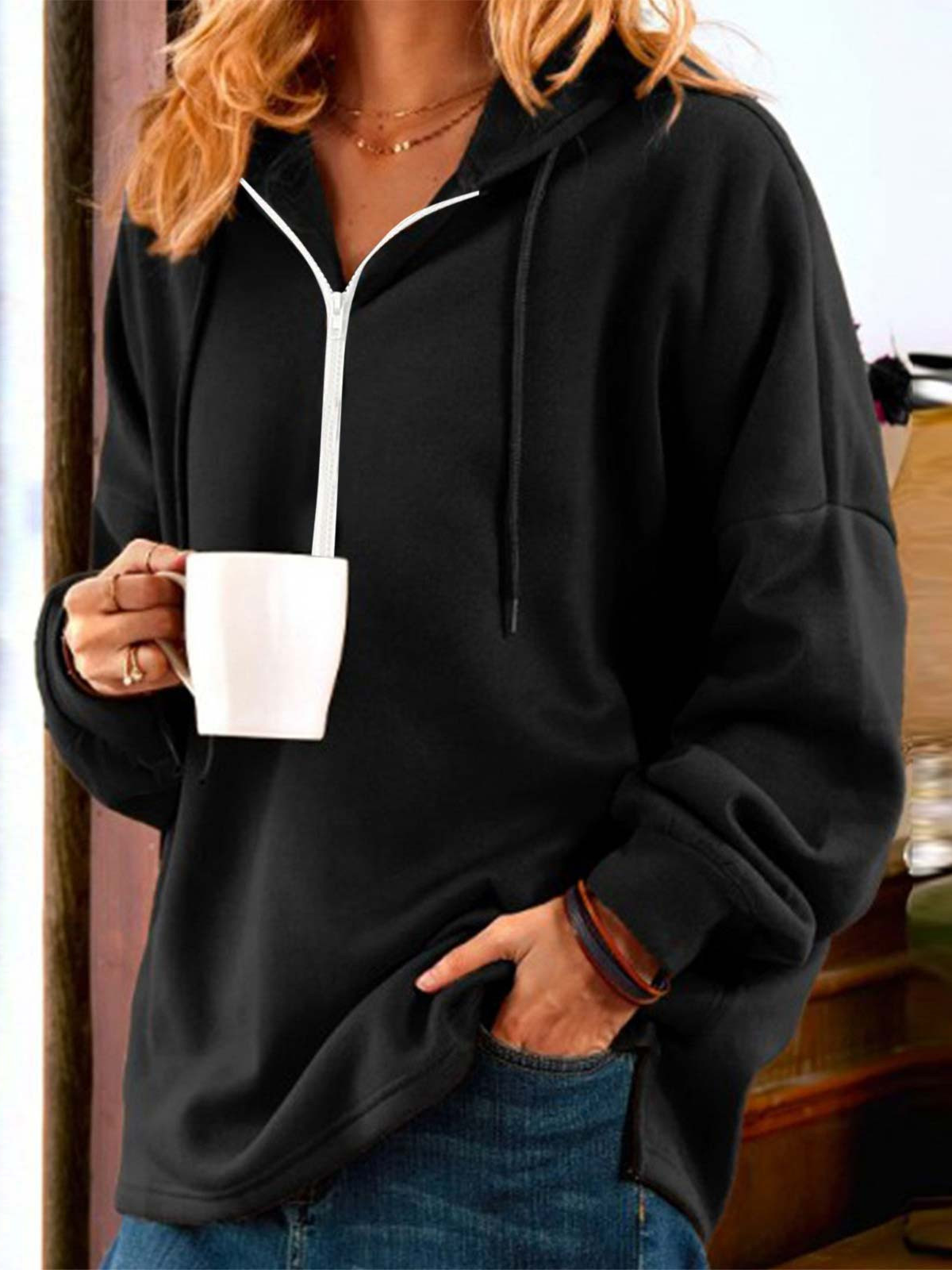 Casual Hoodie Plain Sweatshirt Zipper