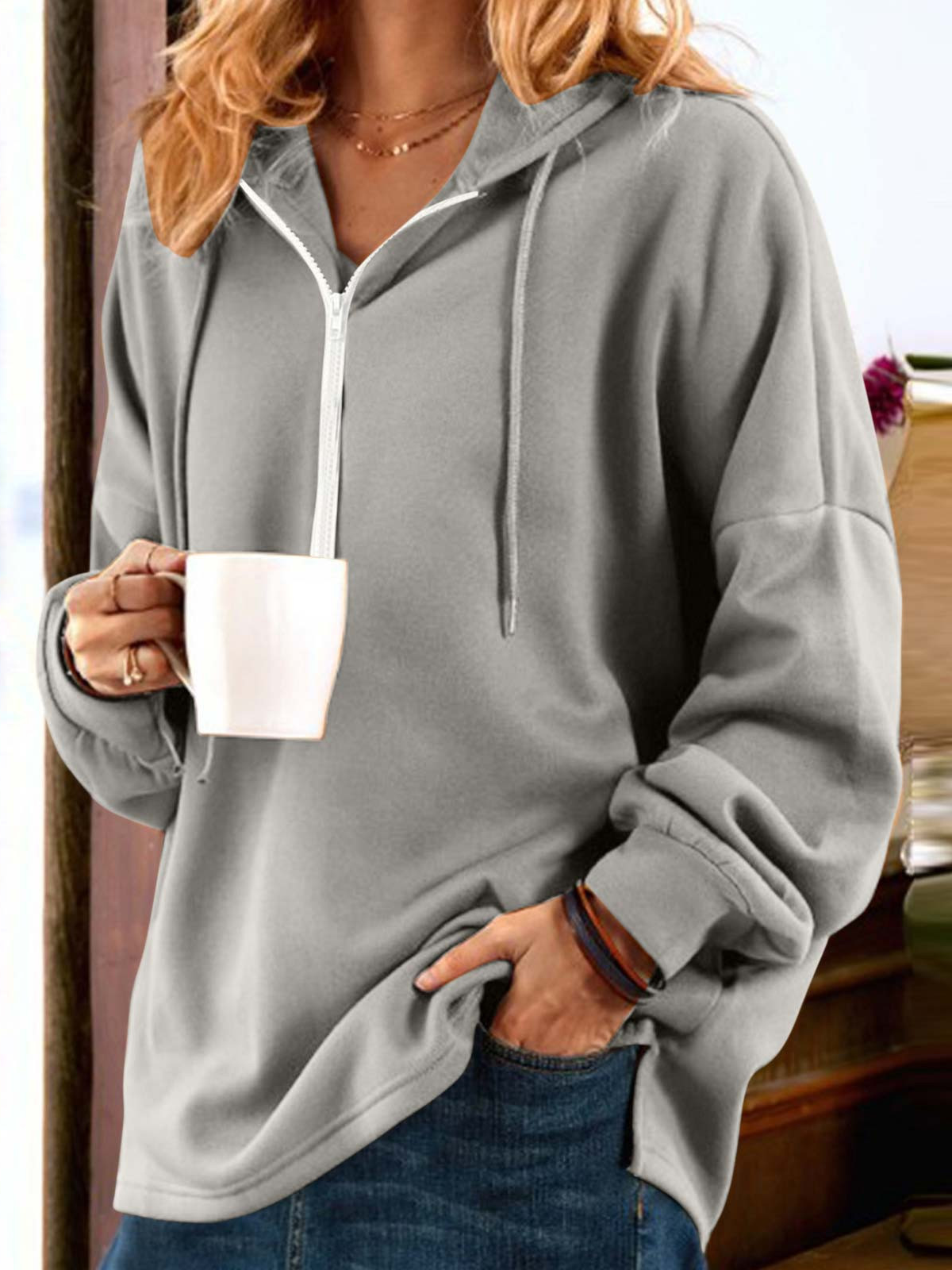 Casual Hoodie Plain Sweatshirt Zipper