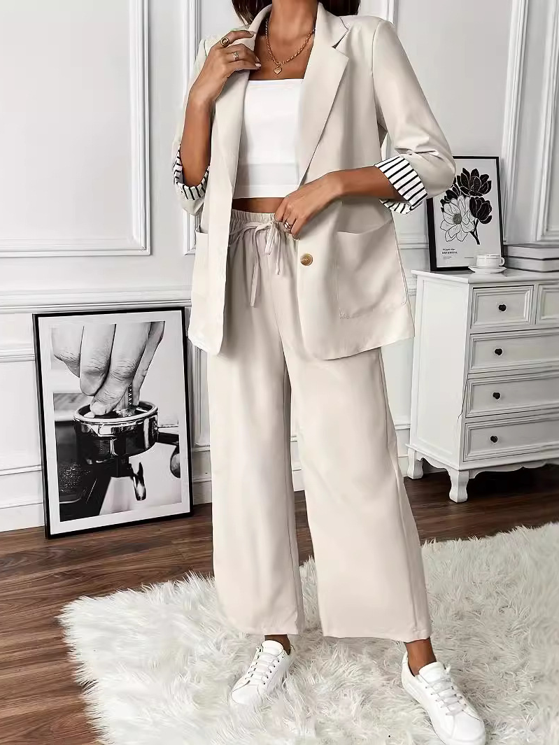 Women Plain Shawl Collar Long Sleeve Comfy Casual Coat With Pants Two-Piece Set