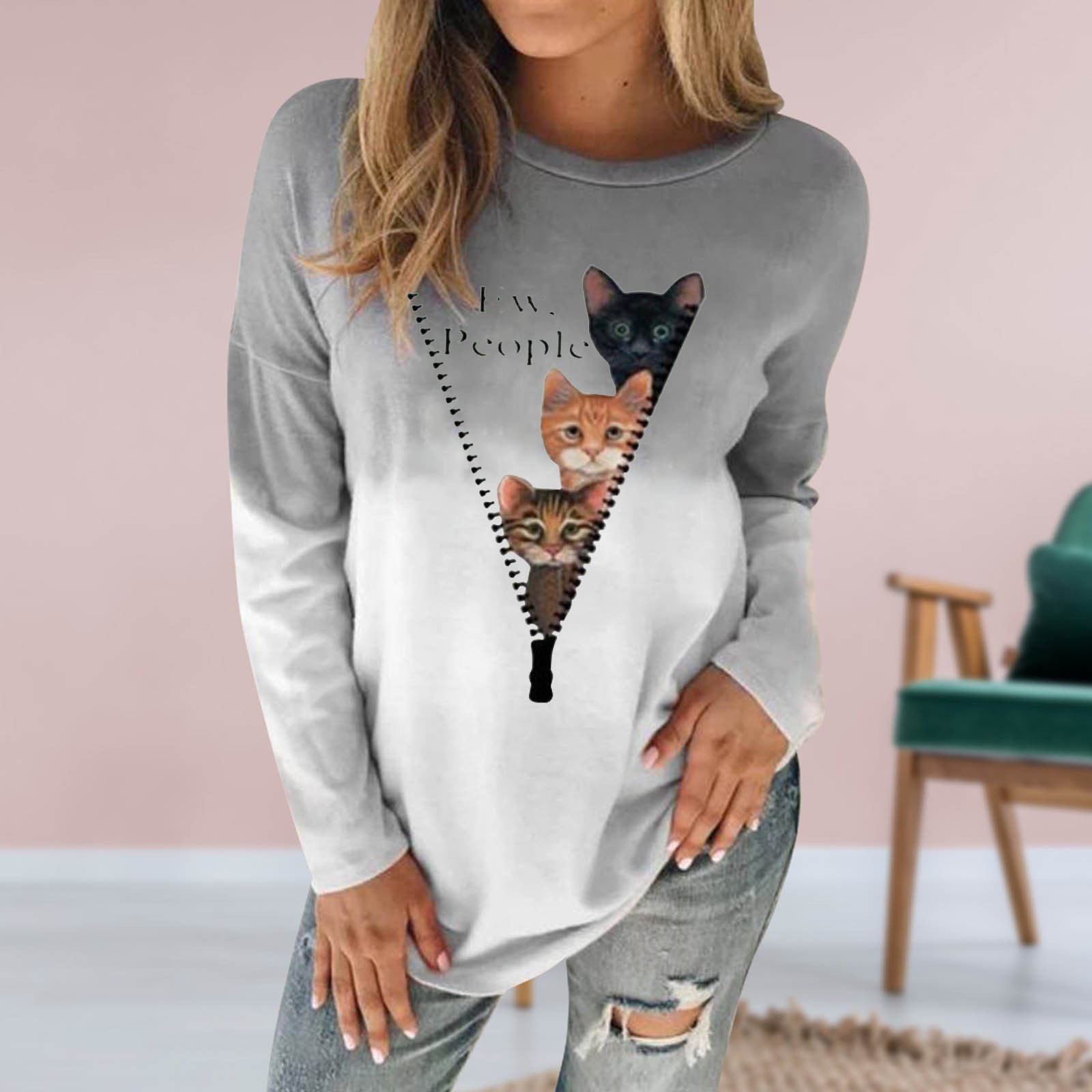 Crew Neck Long Sleeve Cat Regular Micro-Elasticity Loose Blouse For Women