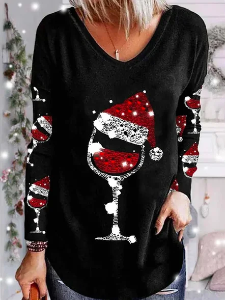 V Neck Long Sleeve Christmas Hot Drilling Regular Micro-Elasticity Loose Blouse For Women