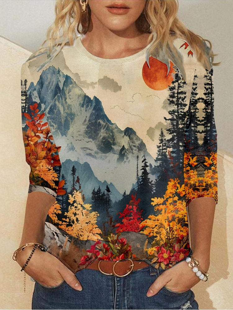 Crew Neck Long Sleeve Landscape Painting Regular Micro-Elasticity Regular Fit Blouse For Women