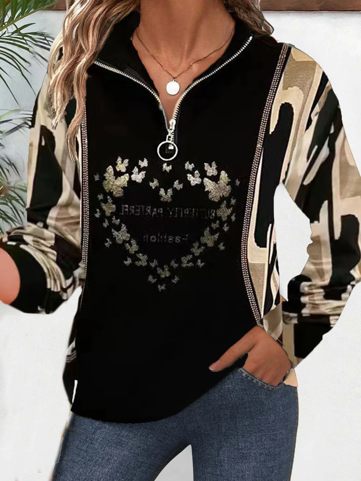 Casual Abstract Sweatshirt Zipper