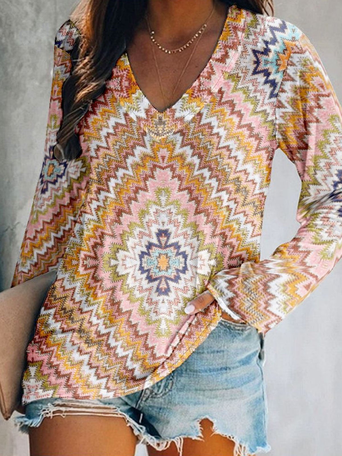 Casual Ethnic V Neck Long Sleeve T-shirt