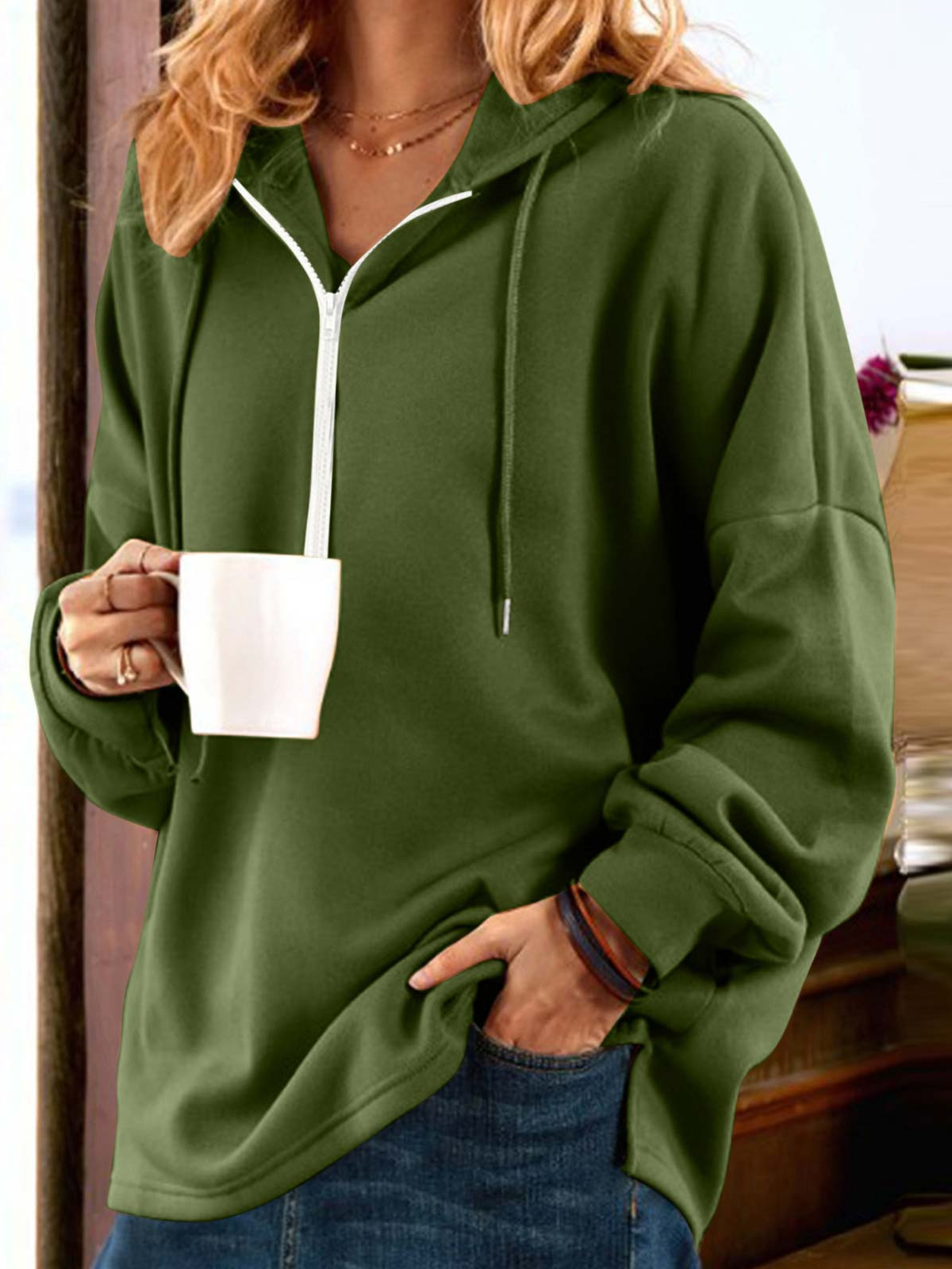 Casual Hoodie Plain Sweatshirt Zipper