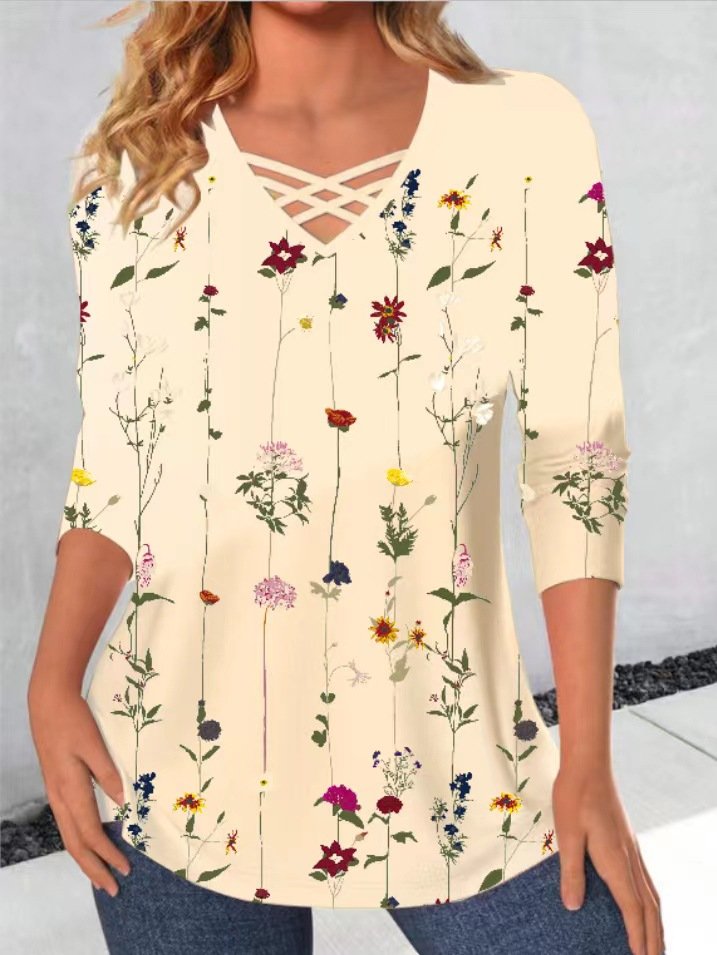 V Neck Long Sleeve Floral Regular Micro-Elasticity Loose Blouse For Women