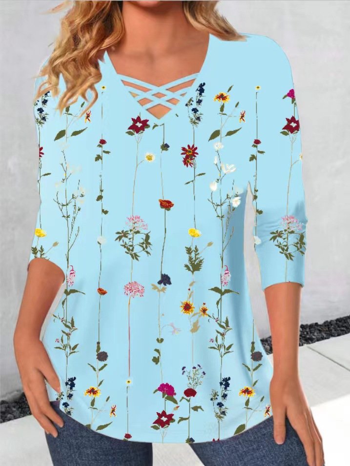 V Neck Long Sleeve Floral Regular Micro-Elasticity Loose Blouse For Women