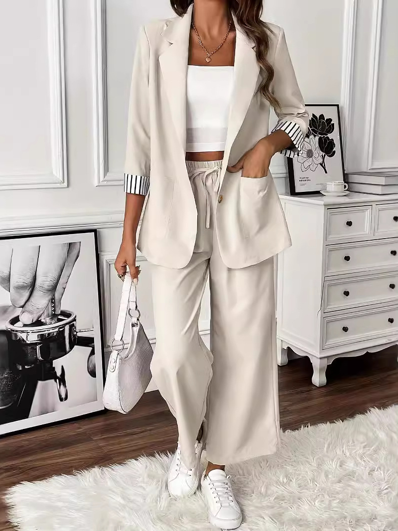 Women Plain Shawl Collar Long Sleeve Comfy Casual Coat With Pants Two-Piece Set