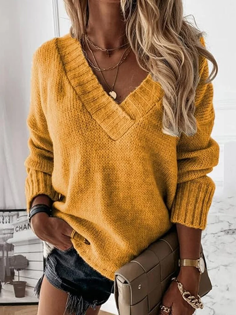 Women Yarn/Wool Yarn Plain Long Sleeve Comfy Casual Sweater