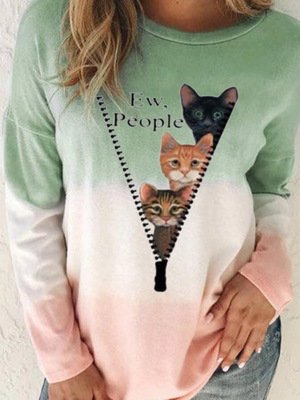 Crew Neck Long Sleeve Cat Regular Micro-Elasticity Loose Blouse For Women