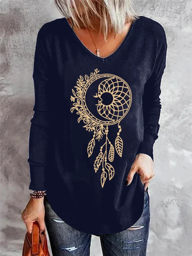 Boho Dreamcatcher V Neck Long Sleeve T-shirt