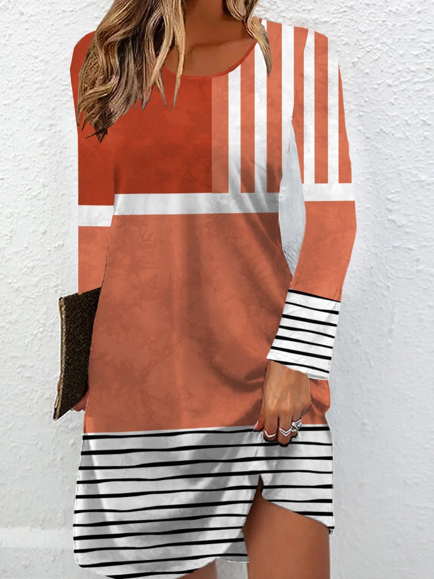 Women Striped Crew Neck Long Sleeve Comfy Casual Mini Dress