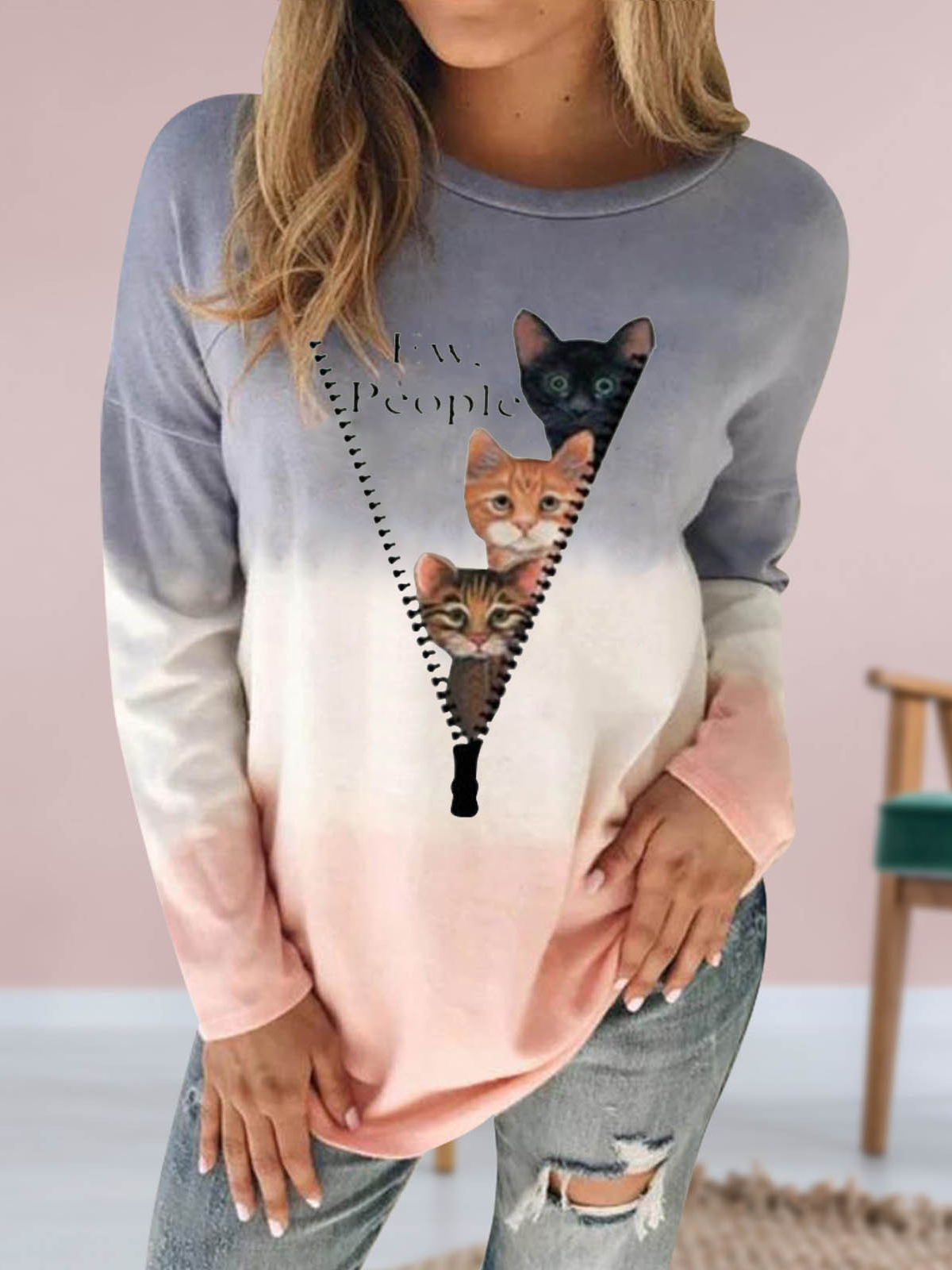 Crew Neck Long Sleeve Cat Regular Micro-Elasticity Loose Blouse For Women