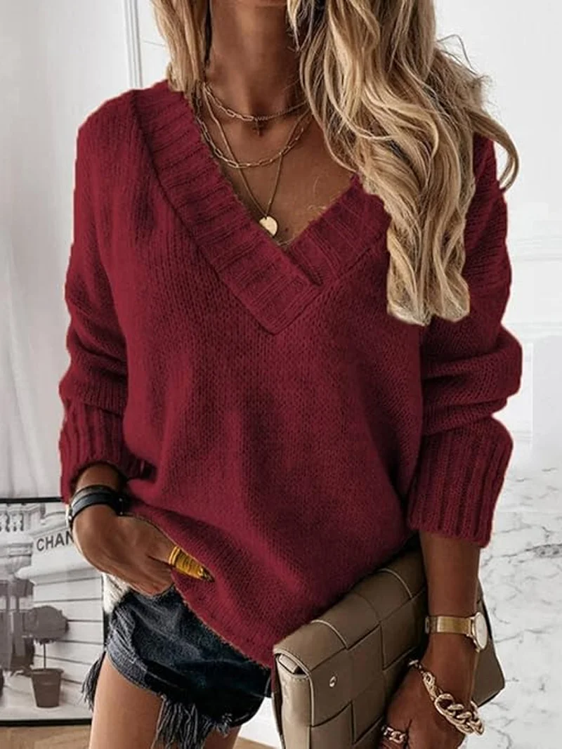 Women Yarn/Wool Yarn Plain Long Sleeve Comfy Casual Sweater