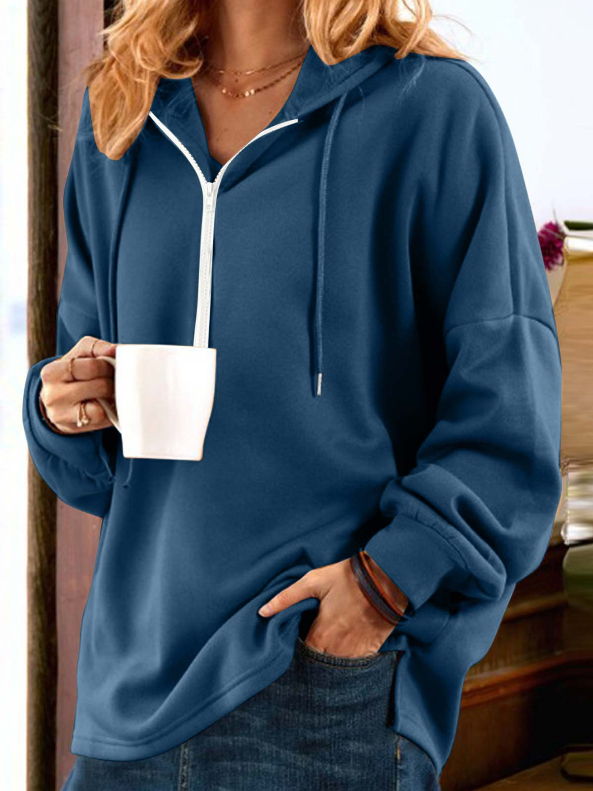 Casual Hoodie Plain Sweatshirt Zipper