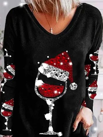 V Neck Long Sleeve Christmas Hot Drilling Regular Micro-Elasticity Loose Blouse For Women