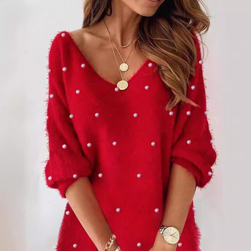 Women Plain V Neck Long Sleeve Comfy Casual Midi Dress